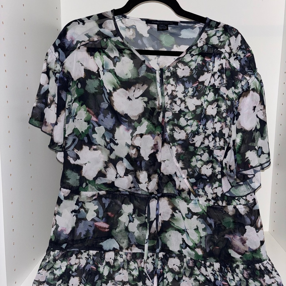 French Connection Black and Green Transparent Floral Blouse